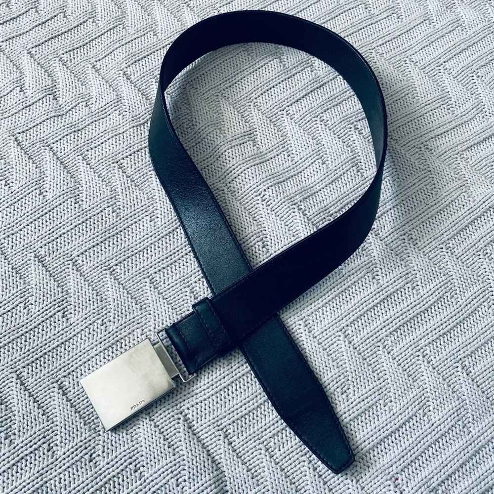 Prada black leather belt with silver buckle